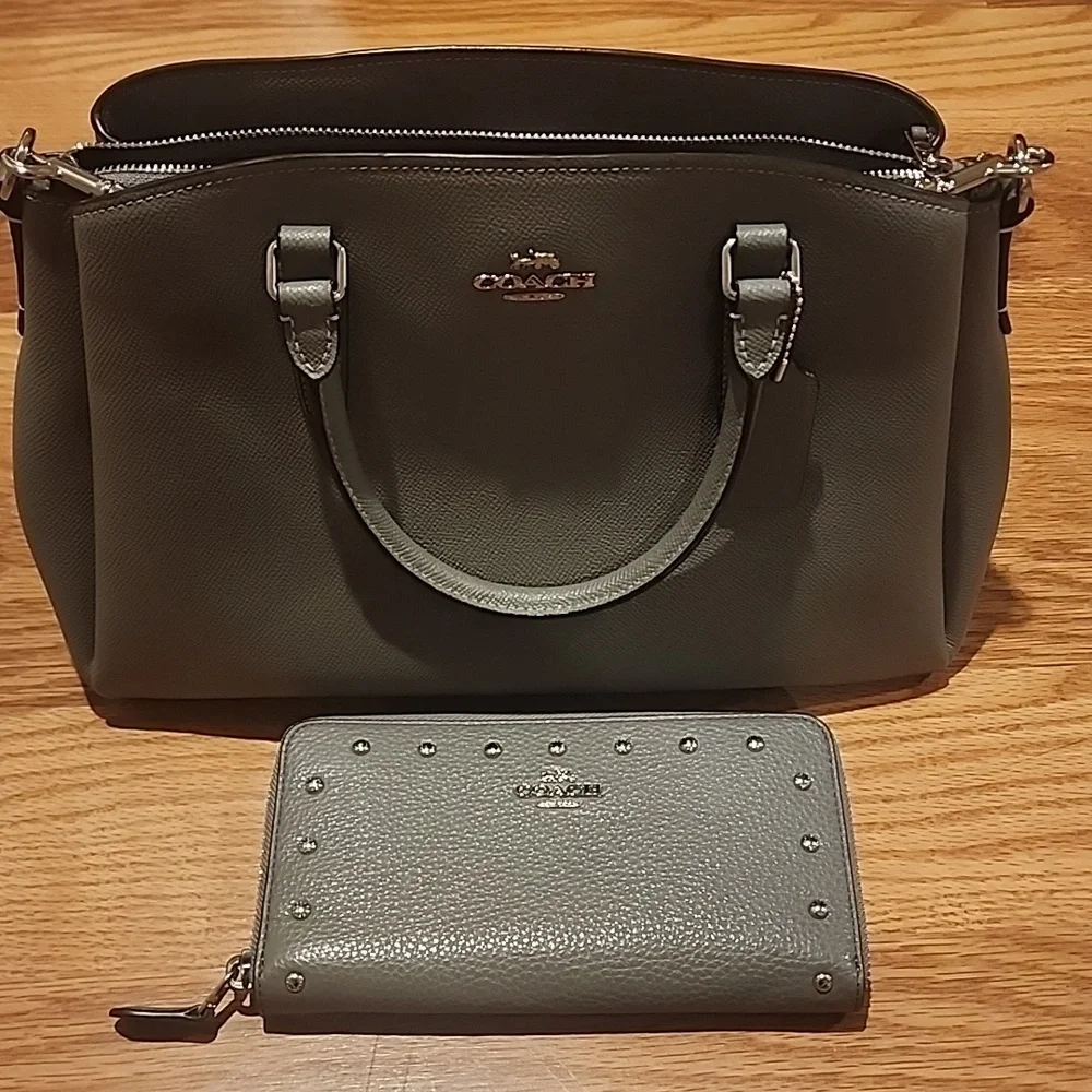 Coach Dark Gray Purse and Wallet Set